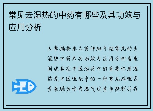 常见去湿热的中药有哪些及其功效与应用分析